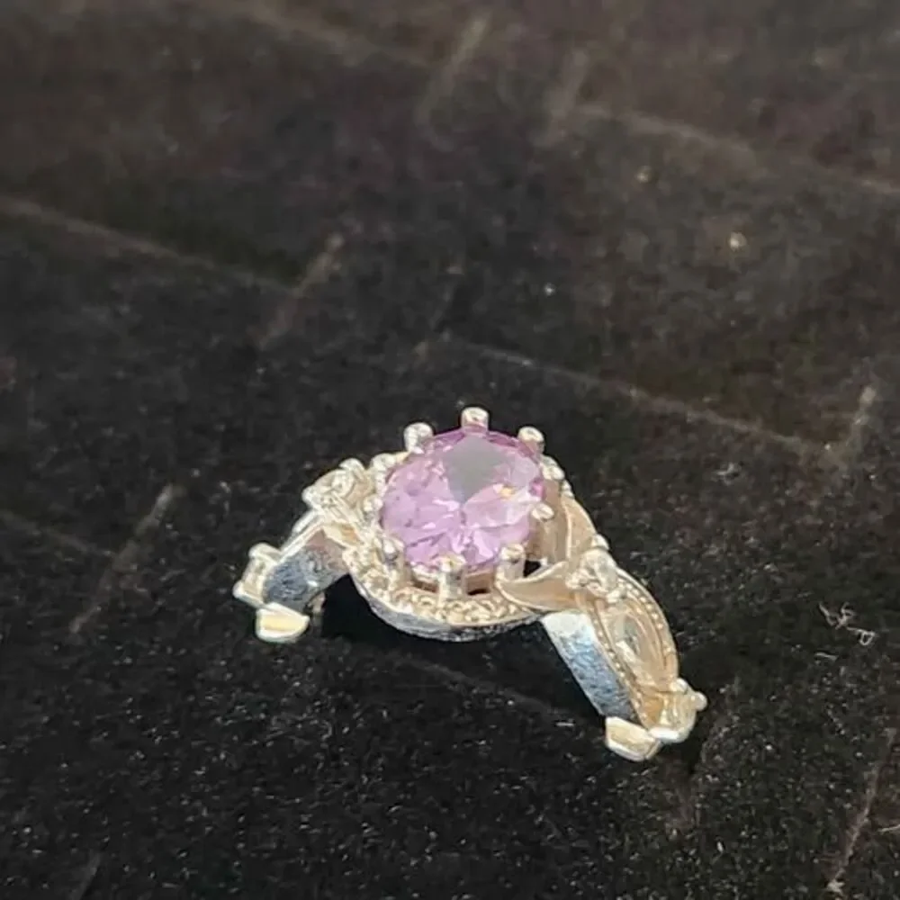 Sterling Silver 925 Ring, Amethyst Halo, Size 5.5–6